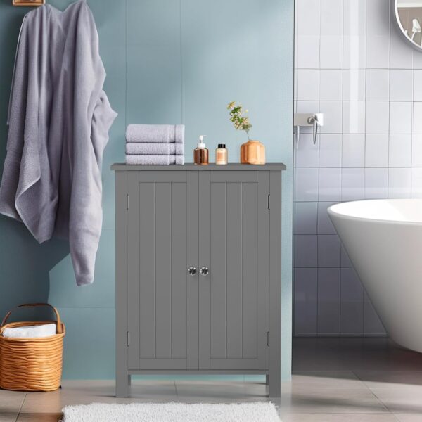 ZENY Bathroom Floor Storage Cabinet with Double Door + Adjustable Shelf, Wooden Organizer Cabinet for Living Room, Bathroom, Bedroom, Modern Home Furniture (Gray)