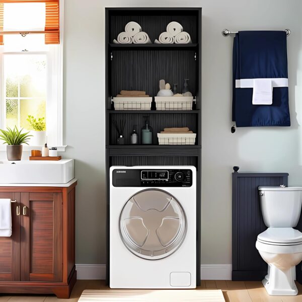 Over The Toilet Storage Cabinet – Wood Bathroom Shelf Above Toilet with Double Doors, Bathroom Storage Cabinet Organizer, Black