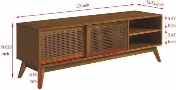 59 Inch Mid Century Modern TV Stand with Rattan Cabinet Doors, Entertainment Center Media Console for 65 Inch TVs, Living Room/Bedroom TV Stand, Light Wood