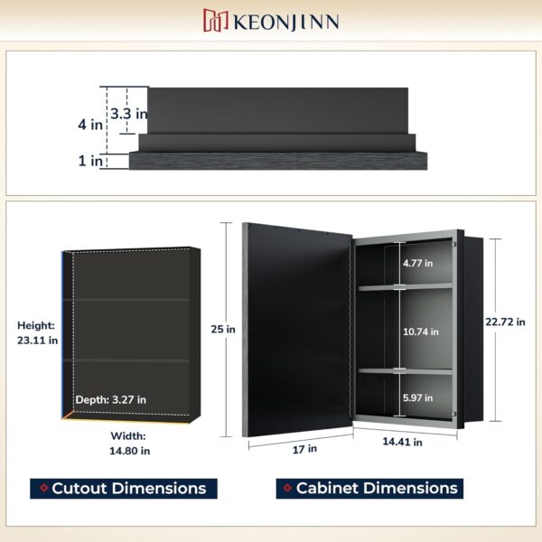 Keonjinn 17" x 25" Black Medicine Cabinet for Bathroom, Recessed or Surface Wall-Mounted Aluminum Alloy Framed Beveled Mirror with Storage, Mirrored Cabinets with 2 Adjustable Shelves for Bath Modern