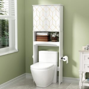 Over The Toilet Storage Cabinet with Gold Trim, Modern Bathroom Organizer Over Toilet with Adjustable Shelves and Toilet Paper Holder for Bathroom (White)