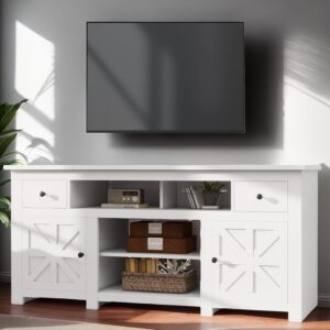 YITAHOME Rustic TV Stand for 75/80 Inch TV, Entertainment Center with Drawers, Cabinets, Adjustable Shelves & Power Outlet, Media Console Living Room Furniture, White 70 x 15.5 x 30 Inches