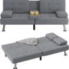 Flamaker Futon Sofa Bed Modern Folding Futon Set Linen Fabric Convertible Recliner Lounge for Living Room with 2 Cup Holders, Removable Armrests (Fabric, Grey)