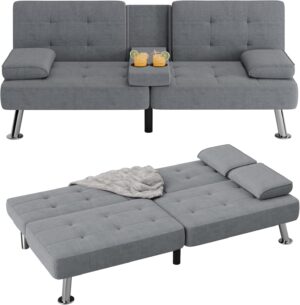 Flamaker Futon Sofa Bed Modern Folding Futon Set Linen Fabric Convertible Recliner Lounge for Living Room with 2 Cup Holders, Removable Armrests (Fabric, Grey)