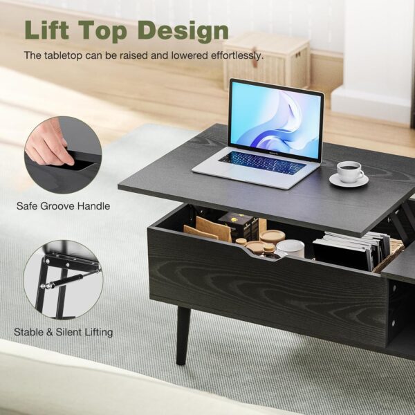 OLIXIS Wood Lift Top Coffee Table with Hidden Compartment and Large Storage Shelf, Lift Tabletop Dining Center Table for Home Living Room Office, Black
