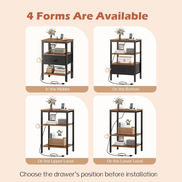 SUPERJARE Nightstand with Charging Station, Bed Side Table with Adjustable Fabric Drawer, Night Stand for Bedroom, 3-Tier Storage End Table, for Living Room, Rustic Brown and Black
