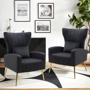 Velvet Accent Arm Chairs Set of 2 with Wingback & Lumbar Pillow, Modern Armchairs for Living Room Bedroom, Guest Reception Side Chairs for Office, Gold Finish, Black