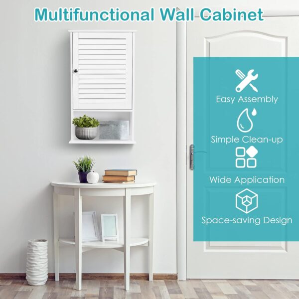 COSTWAY Bathroom Wall Cabinet, Large Capacity Storage Cabinet w/Single Louver Door & Height Adjustable Shelf, Wood Wall Mounted Medicine Cabinet for Bathroom, Living Room, Kitchen (White)