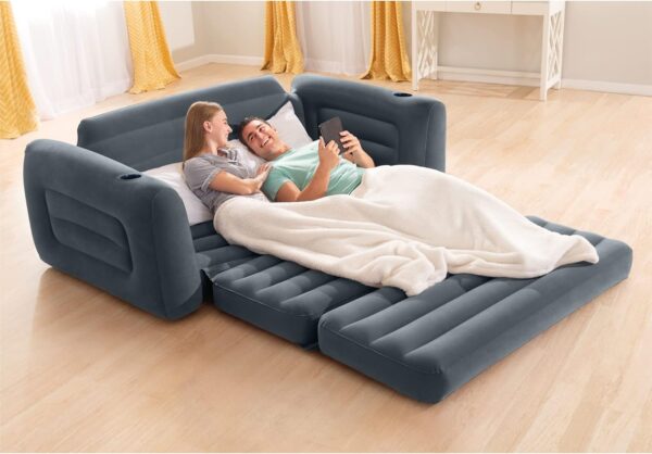Intex Inflatable Pull-Out Sofa: Velvety Surface, 2-in-1 Valve, Cupholder, 46" x 88" x 26" - Blow-Up Couch and Folding Queen Size Air Mattress Bed