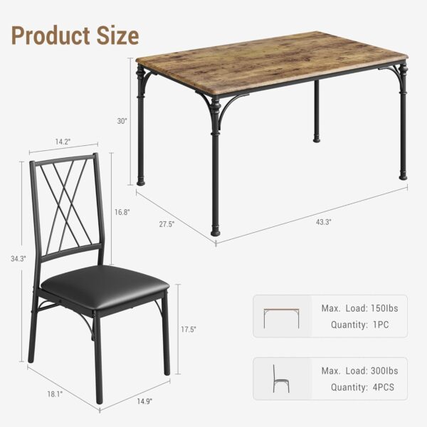 Dining Table Set for 4, Kitchen Table and Chairs, 5-Piece Metal and Wood Indoor Modern Rectangular Dining Table Furniture Set for Kitchen, Dining Room, Dinette, Breakfast Nook w/ 4 Chairs