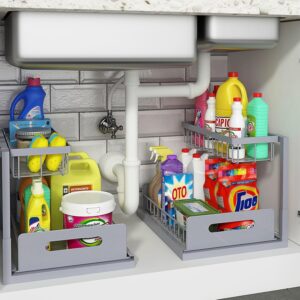 REALINN Under Sink Organizer, Pull Out Cabinet Organizer 2 Tier Slide Out Sink Shelf Cabinet Storage Shelves, Storage for Kitchen Bathroom, Grey, 2 Pack