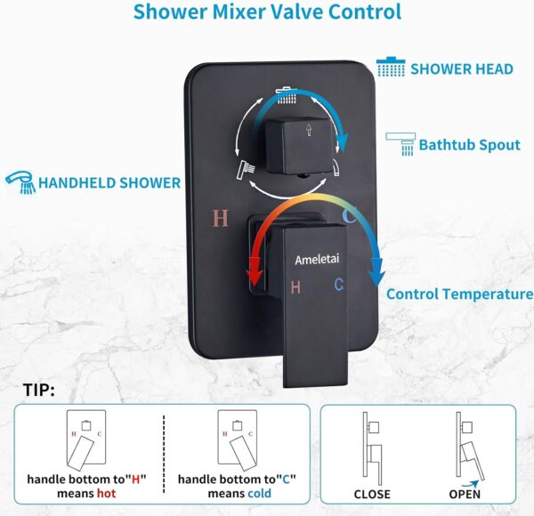 Shower Faucet Set Complete, Shower System Black with 12 inch Square Rainfall Shower Head 3-Function Handheld Shower Waterfall Bathtub Spout Rain Shower Combo Bathroom Wall Mounted fit All Valve Types