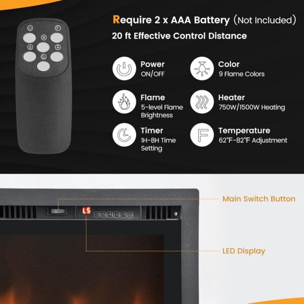 Tangkula 50 Inches Electric Fireplace Inserts, Recessed, Wall Mounted and Freestanding 1500W Slim Fireplace Heater with Remote Control, Adjustable Flame Color & Brightness (50 Inches)