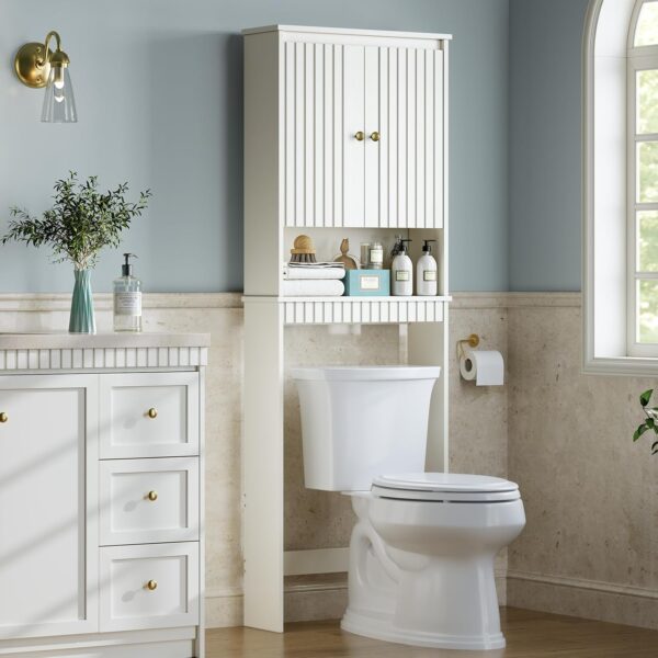 Over The Toilet Storage Cabinet, Over Toilet Storage with Fluted Door, Over The Toilet Storage Bathroom Organizer, Bathroom Shelf Over Toilet, Behind The Toilet Storage Cabinet Organizer, White