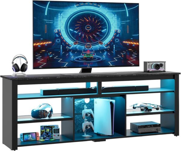 Bestier 70 Inch TV Stand, Tall LED Entertainment Center for 75 inch TV, Gaming TV Cabinet with Storage for PS5, Modern TV Console for Living Room Bedroom, Black Marble