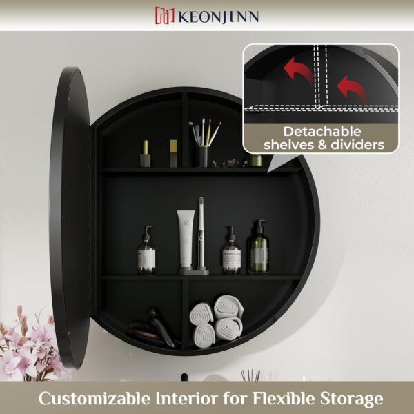Keonjinn 28 x 28 Inch Round Black Mirror Medicine Cabinet, Modern Black Framed Vanity Bathroom Mirror with Storage
