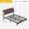 DWVO Queen Size Bed Frame, Platform Bed Frame with Charging Station, Upholstered Storage Headboard Metal Bed Frame with USB Ports, No Box Spring Needed, Under Bed Storage, Easy Assembly, Rustic Brown