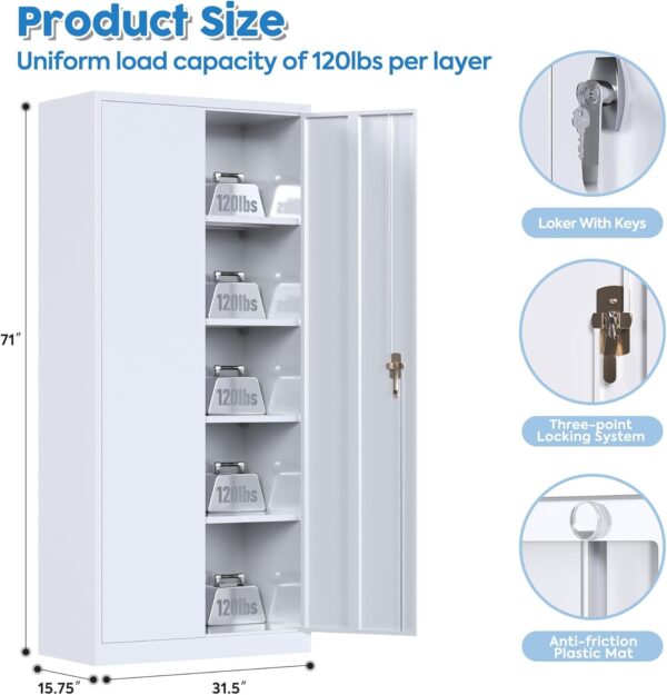 Metal Cabinet,Garage Storage Cabinet with 4 Adjustable Shelves,71”Steel Garage Cabinet,Locking Tool Cabinets for Garage,Home,Office,Gym,School(White)