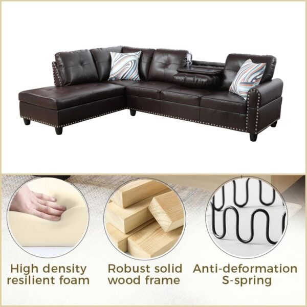 Leather Sectional Couch Sofa, Modern Nail-Head Design L Shaped Sectional Sofa for Living Room, 4 Seat L Couch with Cup Holder for Bedroom Apartment, Red