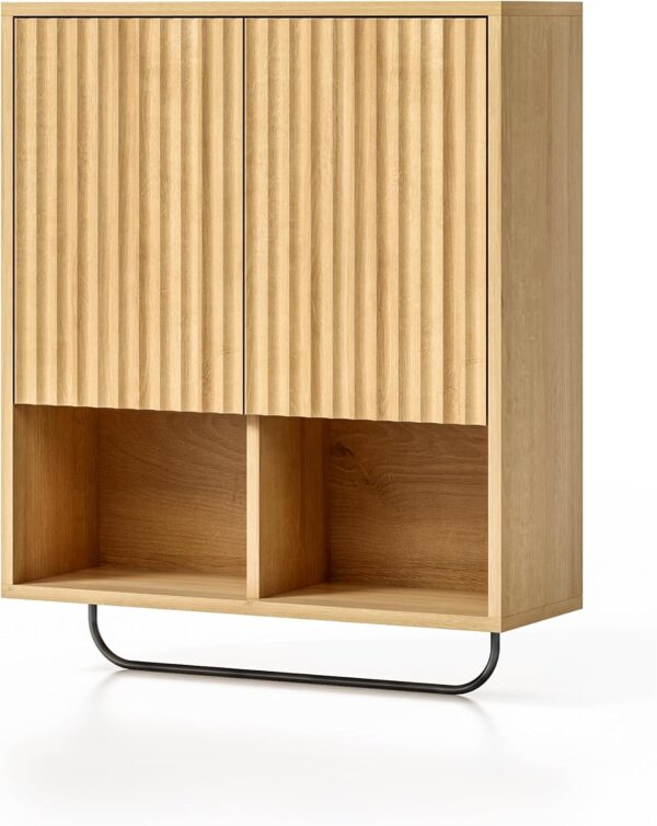 71XfWd3c8TL._AC_SL1500_.jpg Fluted Wall Cabinet Set of 2, Wooden Bathroom Medicine Cabinet Storage with 2 Doors, Adjustable Shelf and Towels Bar, Modern Wall Mount Large Floating Cabinet for Kitchen Natural Oak