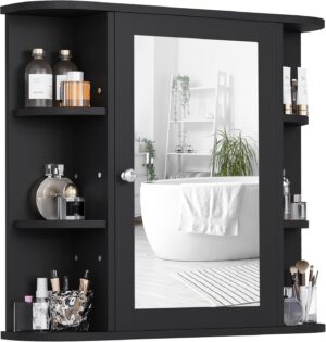 Shintenchi Bathroom Wall Cabinet with Mirror, Wall Mounted Medicine Cabinet with 4 Internal and 6 Open Shelves, Mirrored Door Over The Toilet Storage Cabinet, Black
