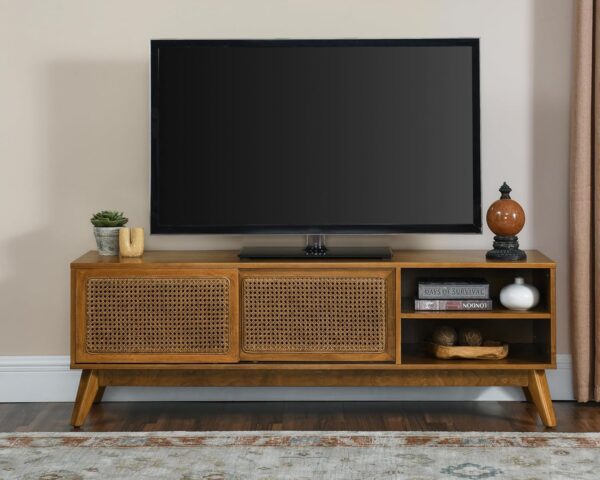 59 Inch Mid Century Modern TV Stand with Rattan Cabinet Doors, Entertainment Center Media Console for 65 Inch TVs, Living Room/Bedroom TV Stand, Light Wood
