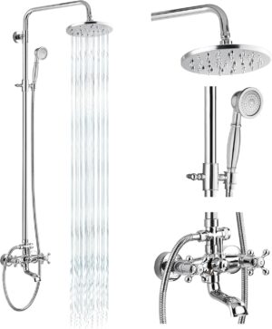 gotonovo Exposed Shower Faucet Set 8 Inch Rainfall Showerhead 3-Function Shower Fixture with Tub Spout 2 Corss Handles Shower System Polish Chrome