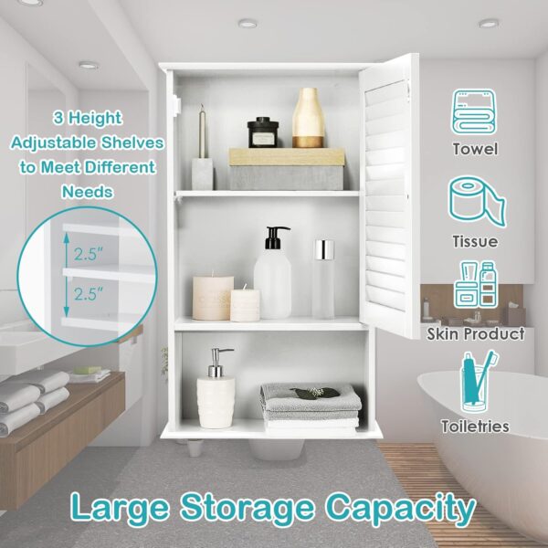 COSTWAY Bathroom Wall Cabinet, Large Capacity Storage Cabinet w/Single Louver Door & Height Adjustable Shelf, Wood Wall Mounted Medicine Cabinet for Bathroom, Living Room, Kitchen (White)