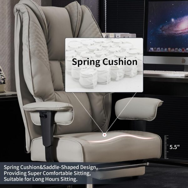 Big and Tall Office Chair 400lbs Wide Seat, Leather High Back Executive Office Chair with Foot Rest, Ergonomic Office Chair Lumbar Support for Lower Back Pain Relief (Light Grey)