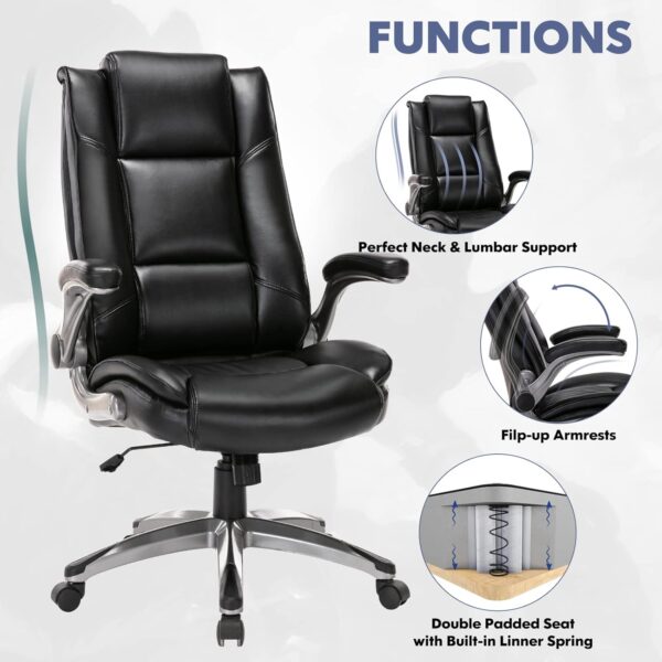COLAMY Leather Executive Office Chair - High Back Home Computer Desk Chair with Padded Flip-up Arms, Adjustable Tilt Lock, Swivel Rolling Ergonomic Chair for Adult Working Study, Black
