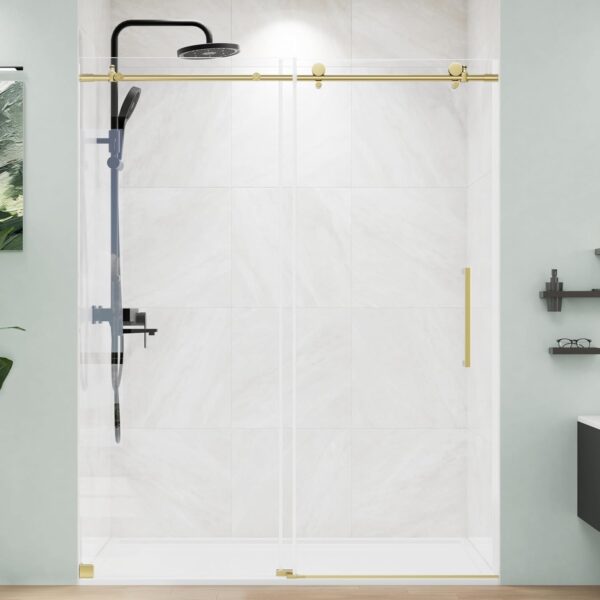 71ZwQze6clL._AC_SL1500_.jpg Frameless Shower Door 56-60" W x 75" H, Sliding Shower Door with SGCC Tempered Ultra-Clear Glass, Gold Shower Door with Stainless Steel Handle and Side Seal Strip for Leak-Proof Design