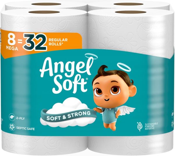 Angel Soft Toilet Paper, 8 Mega Rolls = 32 Regular Rolls, Soft and Strong Toilet Tissue