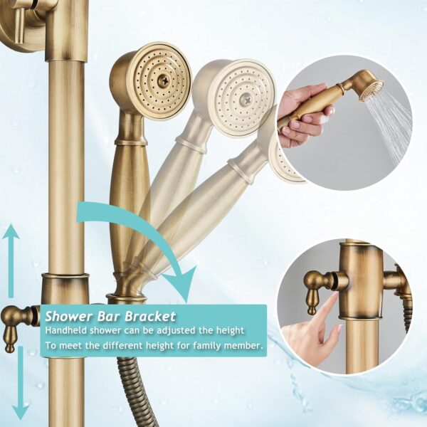 Antique Brass Shower Fixture Bathroom Shower Faucet Set 8 Inch Rainfall Shower Head Handled Shower Waterfall Tub Spout Wall Mounted Outdoor Shower System with Shower Shelf