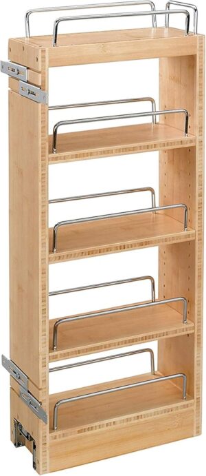 Rev-A-Shelf 8" Pullout Storage Organizer for Wall Kitchen Cabinets, Sliding Adjustable Shelves for Spice Rack or Cans, Wood and Chrome, 448-WC-8C