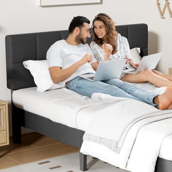 Sweetcrispy Queen Size Wood Bed Frame - Linen Upholstered Platform Bed with Headboard, No Box Spring Needed with 800LBS Sturdy Wooden Slats Support, Noise Free, Easy Assembly, Dark Grey