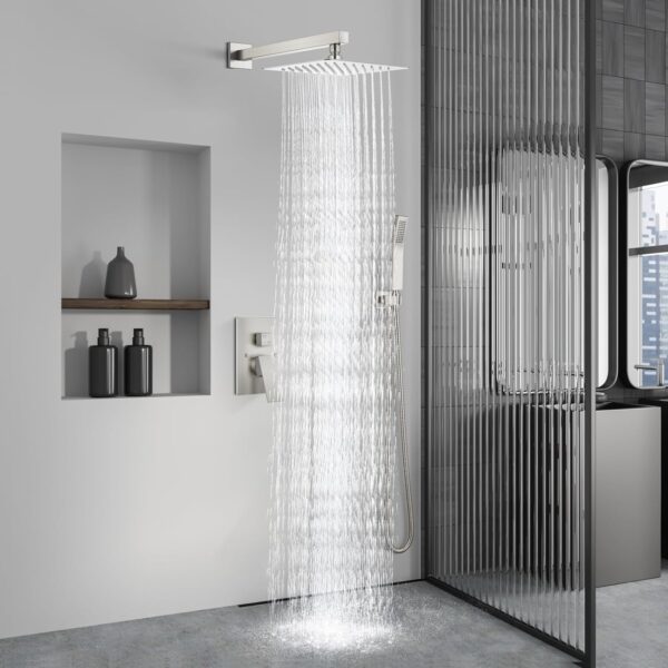 Aolemi Shower Faucet Set Rain Shower System with Handheld Spray Bathroom Shower Combo Rough-in Valve and Shower Trim Kit Included Brushed Nickel 8 Inch Wall Mount Shower Head