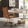 HULALA HOME Faux Leather Home Office Desk Chair, Adjustable Swivel Computer Chair with Golden Legs and Arms, Comfy Upholstered Task Chair,Camel