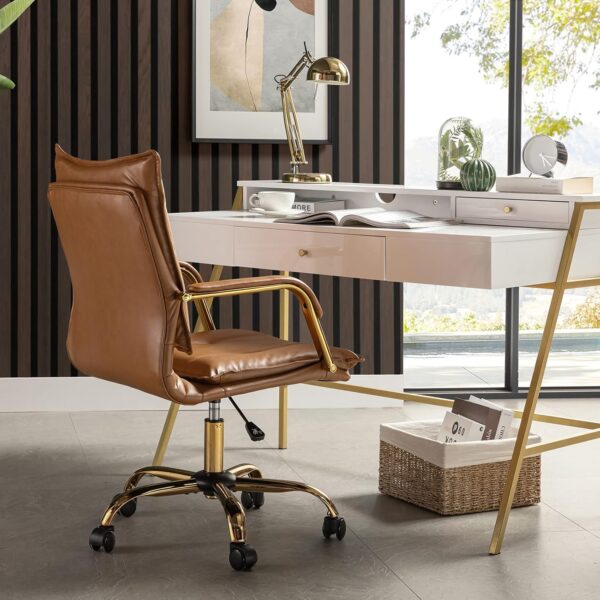 HULALA HOME Faux Leather Home Office Desk Chair, Adjustable Swivel Computer Chair with Golden Legs and Arms, Comfy Upholstered Task Chair,Camel