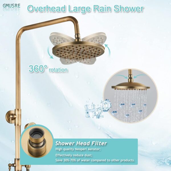 Antique Brass Shower Fixture Bathroom Shower Faucet Set 8 Inch Rainfall Shower Head Handled Shower Waterfall Tub Spout Wall Mounted Outdoor Shower System with Shower Shelf