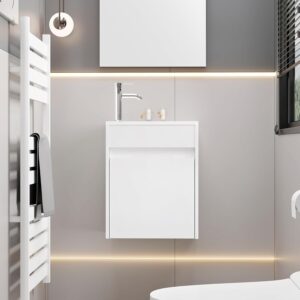 eclife 16" Small Bathroom Vanity Sink Combo, Modern Painted Wall Mounted Floating Cabinet W/Resin Basin Sink Top, Chrome Water Save Faucet & Pop Up Drain (White)