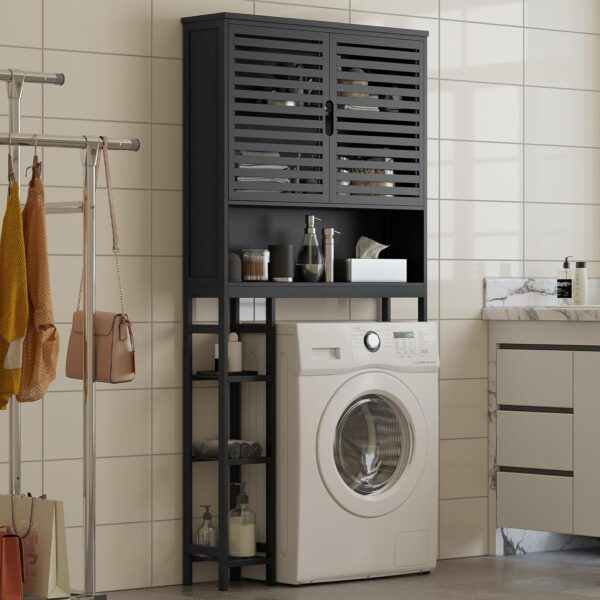 Over The Toilet Storage Cabinet, Bamboo Bathroom Cabinet with Adjustable Inside Shelf and Open Shelves, Freestanding Space-Saving Toilet Rack with Anti-Tip Design for Bathroom, Laundry, Black