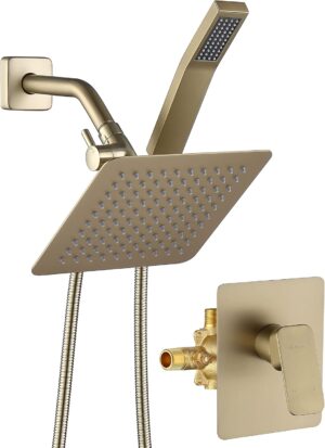 All Metal Shower Faucet Set, Dual Square Shower Head System with Handheld Wand & Rainfall Showerhead, Diverter, Hose Complete Combo, Pressure Balance Rough-in Valve Included
