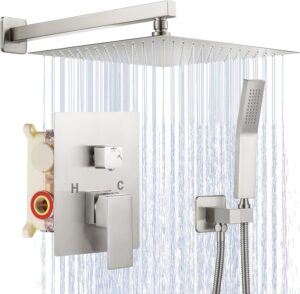12 Inch Brushed Nickel Shower System, Wall Mounted High Pressure Rain Shower Head with Handheld Sprayer, Bathroom Luxury Rainfull Shower Head Shower Faucet Set Rough in Valve Body and Trim