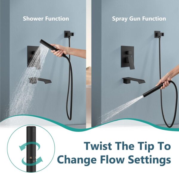Aolemi 10 Inch Rainfall Shower Tub Faucet Set Wall Mount,Tub and Shower Faucet Combo,Shower System,with 2 in 1 Handheld Sprayer,Rough-in Valve,with Curved Spout,Matte Black