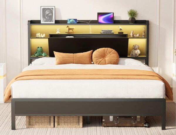 Bed Frame Queen Size with LED Lights and Charging Station, Heavy Duty Metal Platform Bed with Super Large Storage Space Headboard, No Box Spring Needed, Noise-Free, Easy Assembly, Black