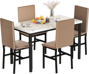 Lamerge Faux Marble Dining Table Set for 4 with 4 PU Leather Chairs, 5-Piece Kitchen & Dining Room Sets, Small Kitchen Table and Chairs for Dining Room, Kitchen, White & Khaki
