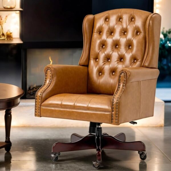 ECOTOUGE Tufted Office Chair, Faux Leather Executive Desk Chair w/High Back & Nail Head Trim, Ergonomic Wingback PC Chair for Home, Office and Living Room, Brown