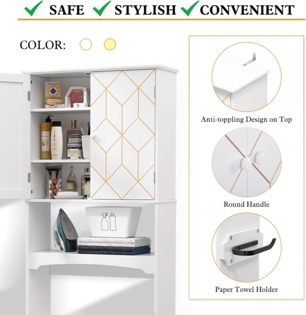 Over The Toilet Storage Cabinet with Gold Trim, Modern Bathroom Organizer Over Toilet with Adjustable Shelves and Toilet Paper Holder for Bathroom (White)