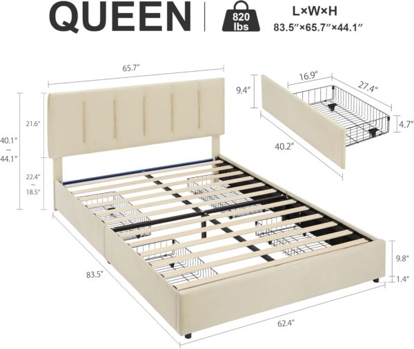 VECELO Queen Size Bed Frame with 4 Storage Drawers, Adjustable Height Headboard, Heavy-Duty Platform Bedframe with Strong Wooden Slats, No Box Spring Needed, Pale Beige
