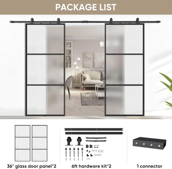 JUBEST Double Barn Door 72 x 84 in with 12FT Hardware Kit and Soft Close, 2 Sets of 36x84 in Reeded Glass Carbon Steel Frame Barn Door, Easy Assembly